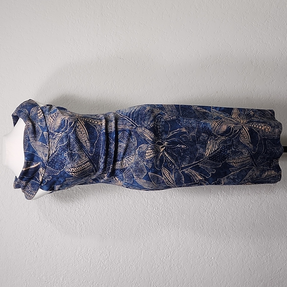 Ralph Lauren Blue w/Tan Floral & Tribal Design Scarf Neck Bodycon Dress Sz. M - Picture 1 of 13